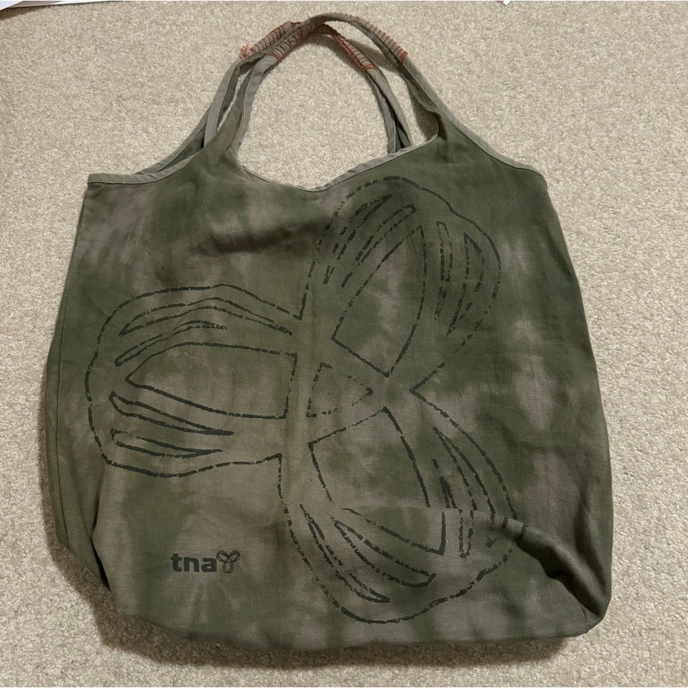 Aritzia TNA Cotton Canvas Logo Tote Bag Army Green Gray Garment Dyed-15x13x6”